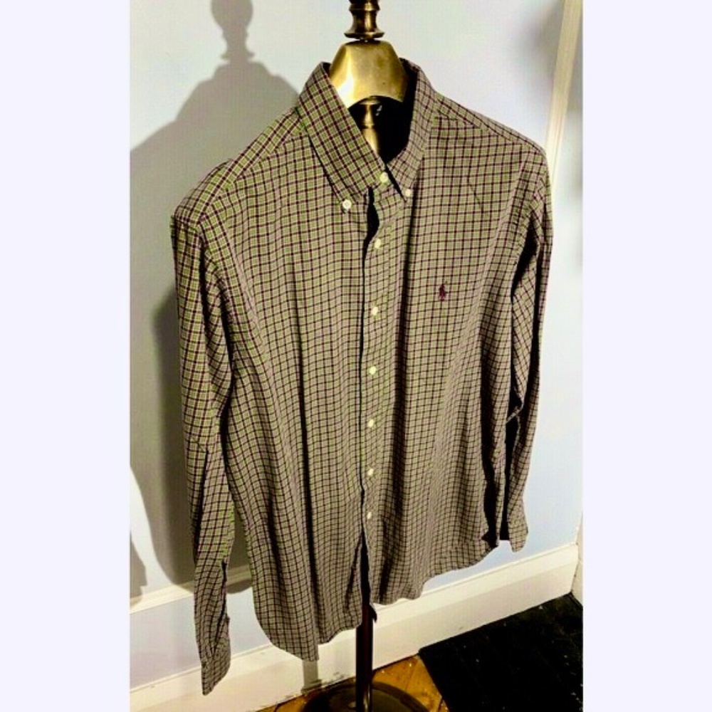 Polo Ralph Lauren Flannel Button Down Shirt Purple and Green Checkers Large